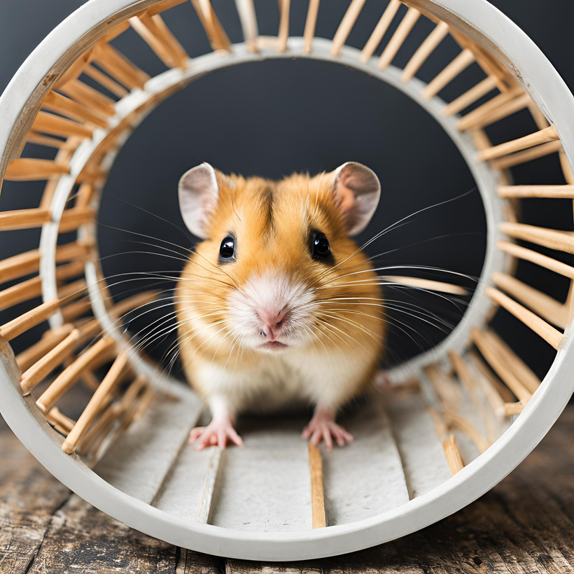 A hamster in a wheel on a wooden surface