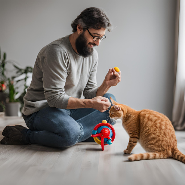 An owner playing with a shelter cat using a toy to build trust.
