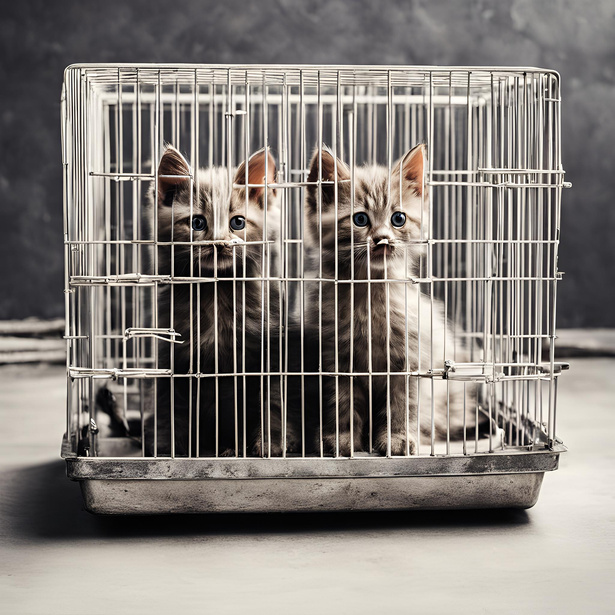 Two kittens in a cage on a gray background