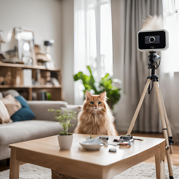 A pet camera set up in a living room to monitor and comfort pets with separation anxiety.

