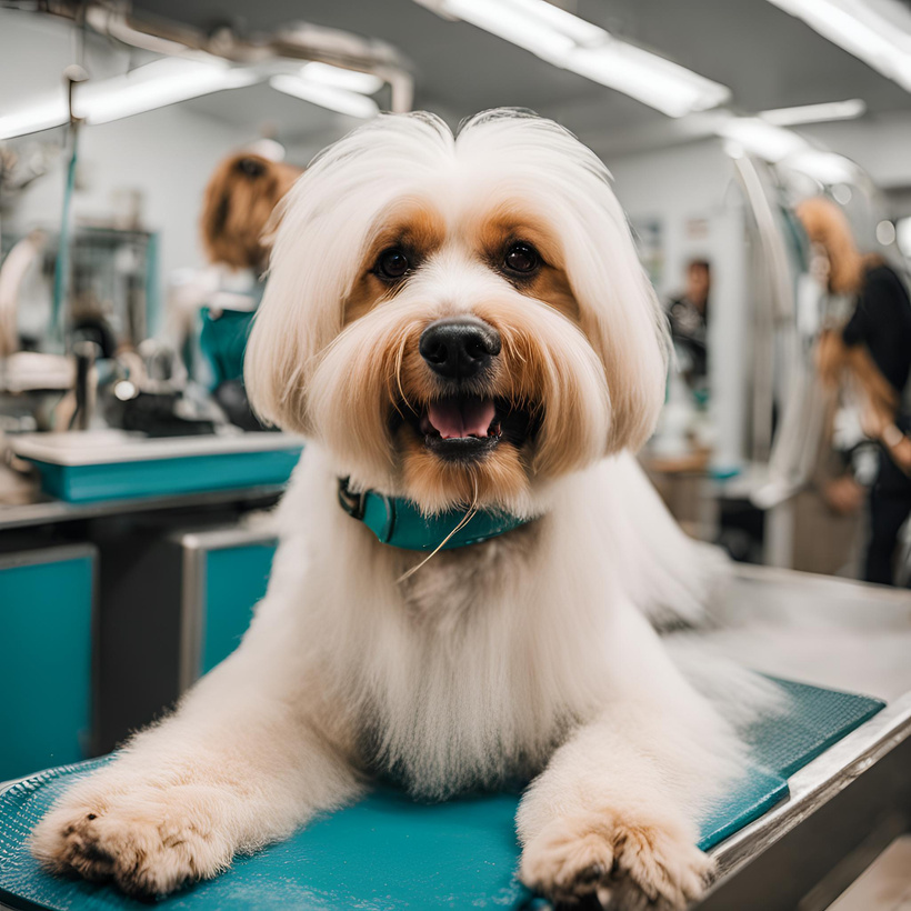 A shelter dog at the groomer.

