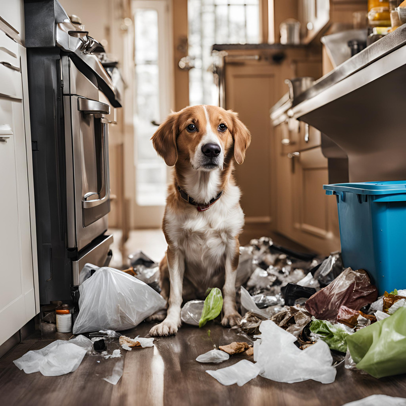 A dog sitting on the floor surrounded by garbage