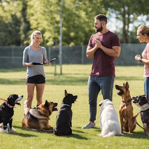 A dog training class helping shelter dogs socialize and build confidence.
