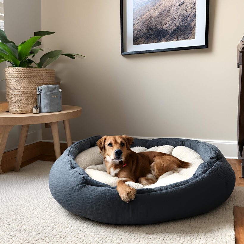 a dog laying in a dog bed in a room in a cozy corner to help them adjust to their new home.
