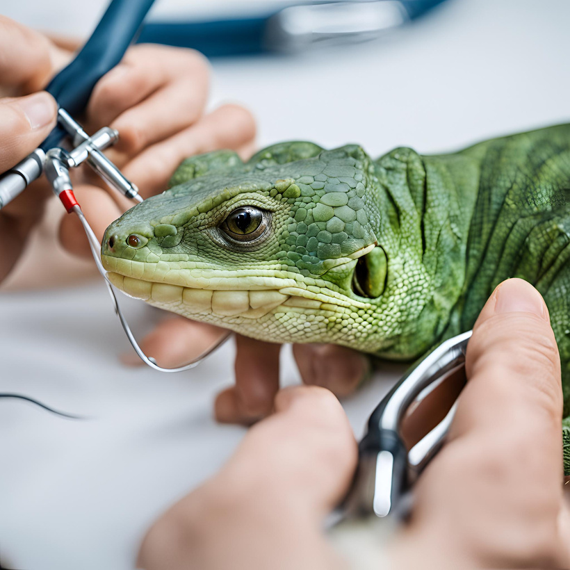 A green lizard being examined by a vet