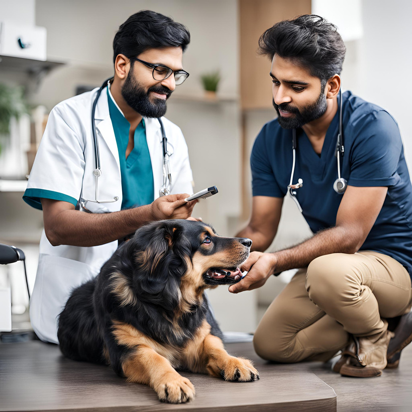 Pet owner discussing treatment with the vet.