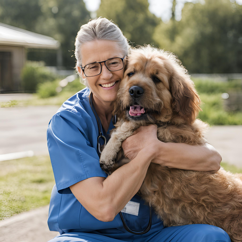 A smiling vet hugging a dog