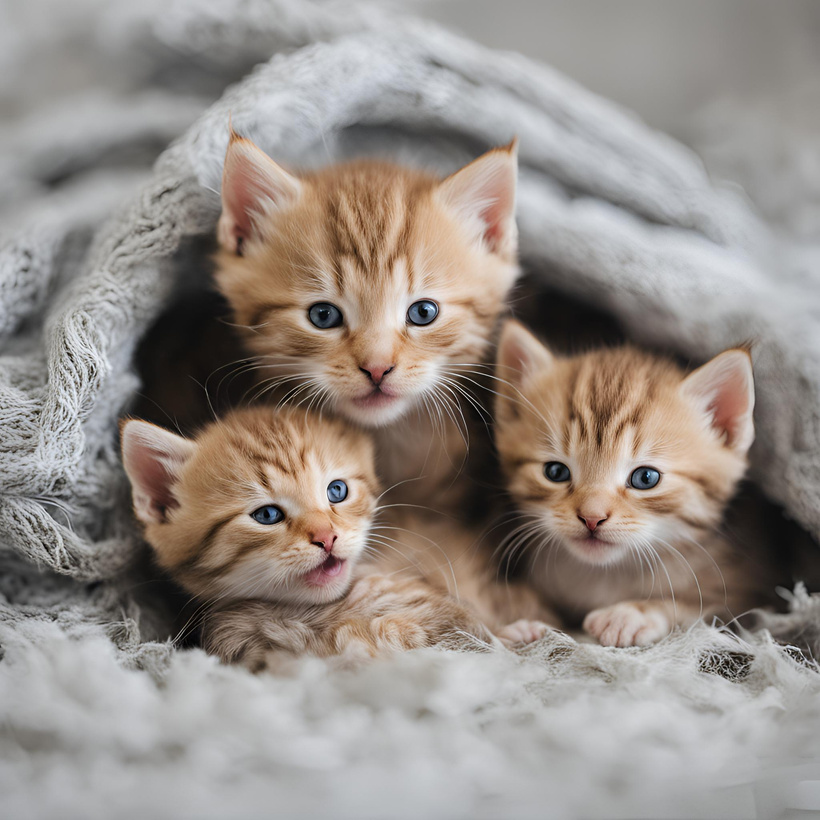 three kittens snuggling under a blanket