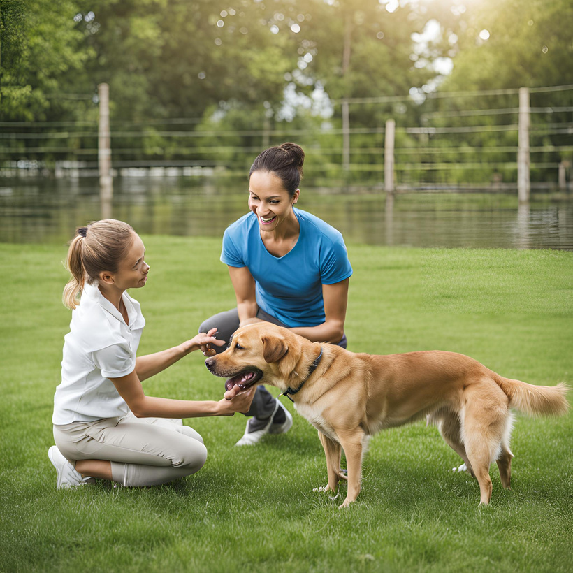 two people petting a dog in the park