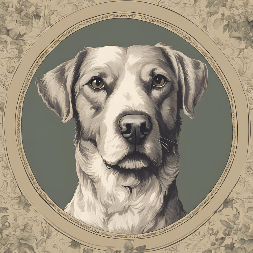 A portrait of a dog in an ornate frame