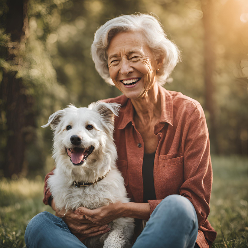 A person with a dog in the woods