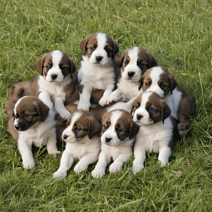 A group of puppies sitting in the grass