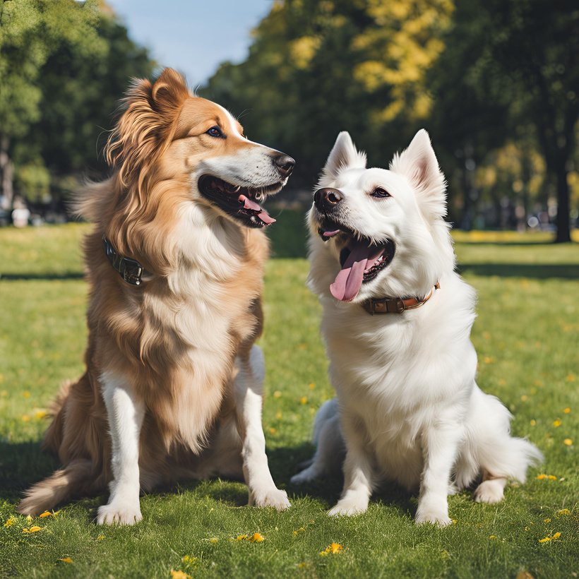 Two dogs sitting on the grass in a park