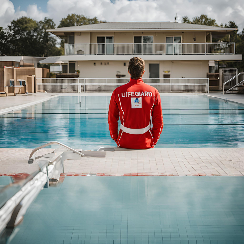 A person in a red lifeguard jacket sitting on the edge of a swimming pool