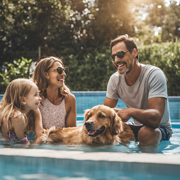 A family enjoying the pool with their dog