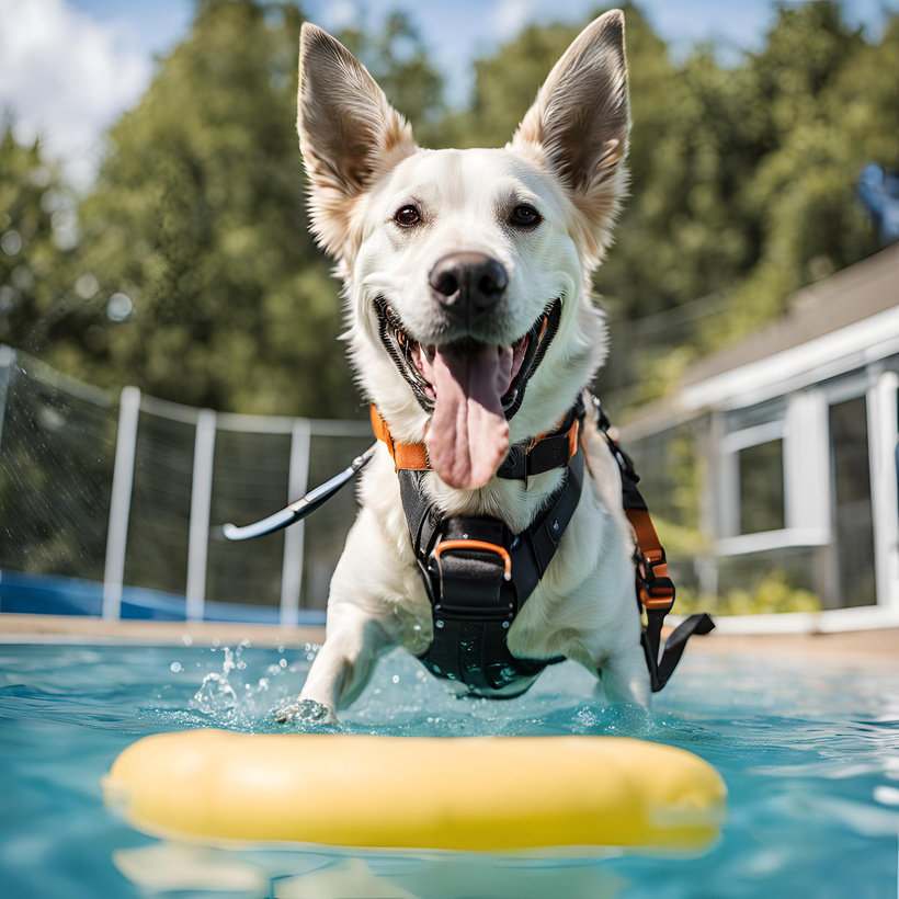 A dog in a pool with a life vest