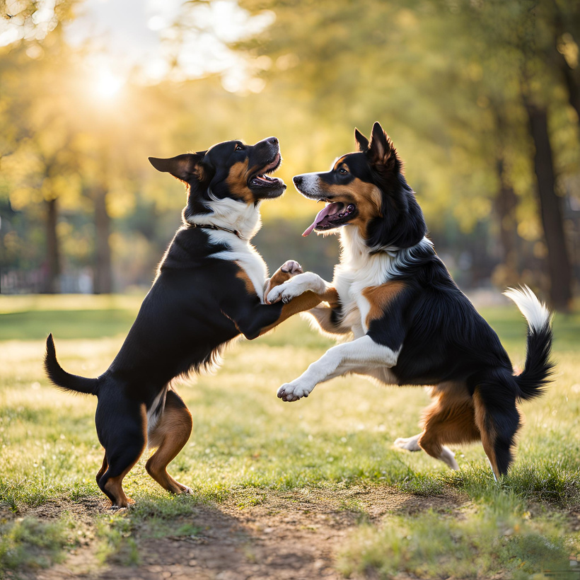 Two dogs playing together in the park