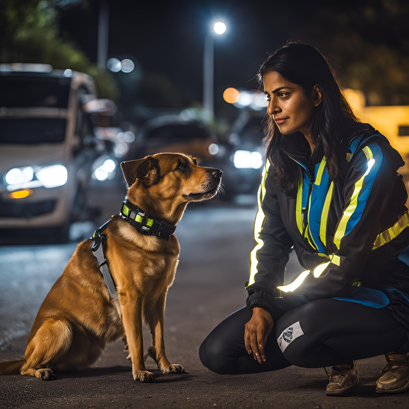 A person crouches down next to their dog at night both are wearing night safety gear.