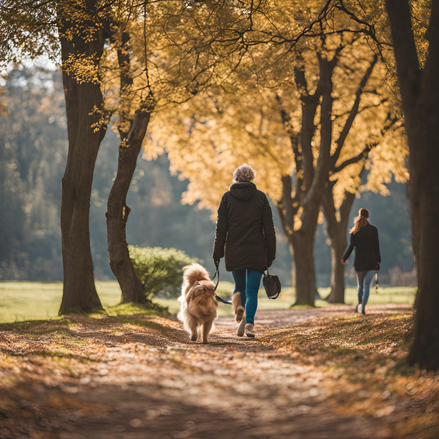 A person walking a dog in the park