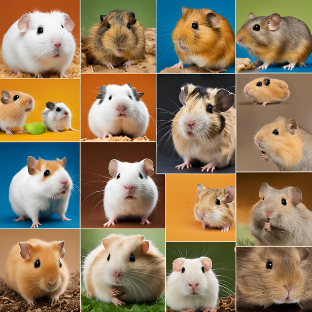 Collage of hamsters, gerbils, guinea pigs, and rabbits in their homes