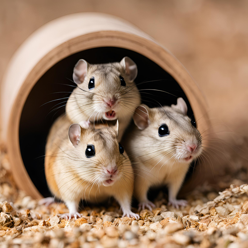 Gerbils interacting in their habitat.
