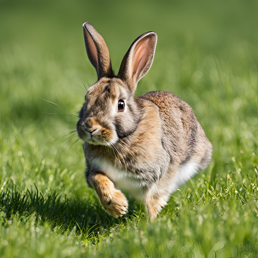 A rabbit hopping in a grassy area.
