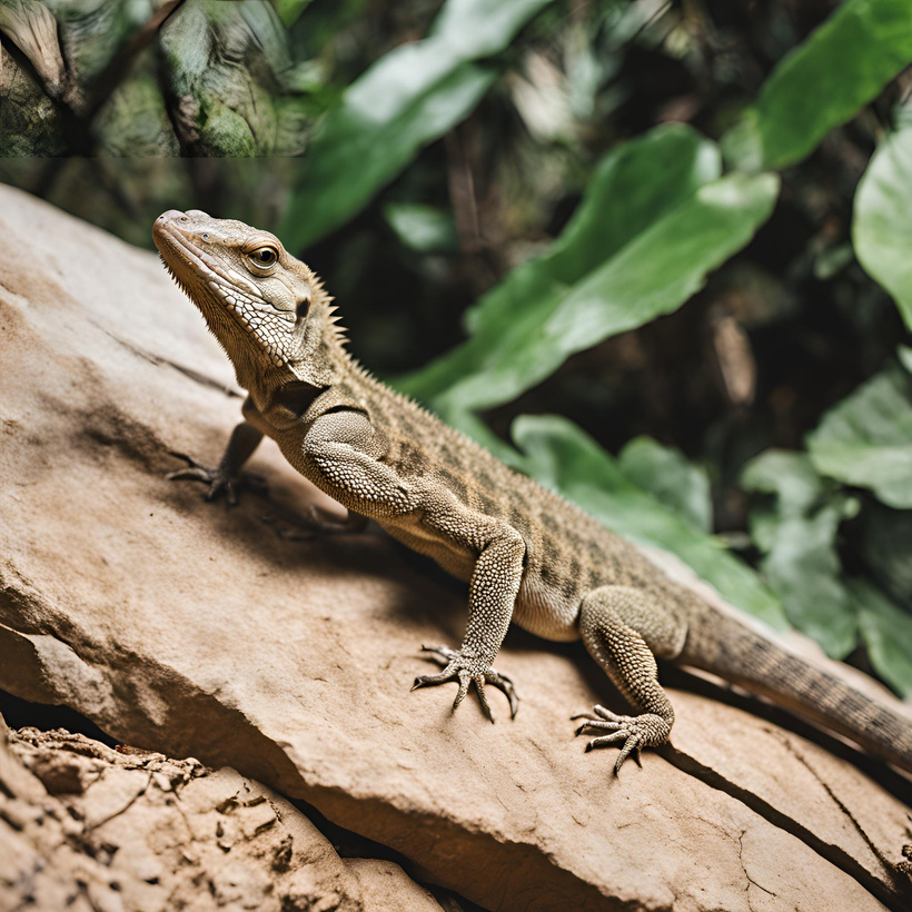 A pet lizard climbing on branches and rocks in its enclosure.