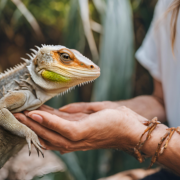 A pet lizard being gently held by its owner, showcasing their bond.