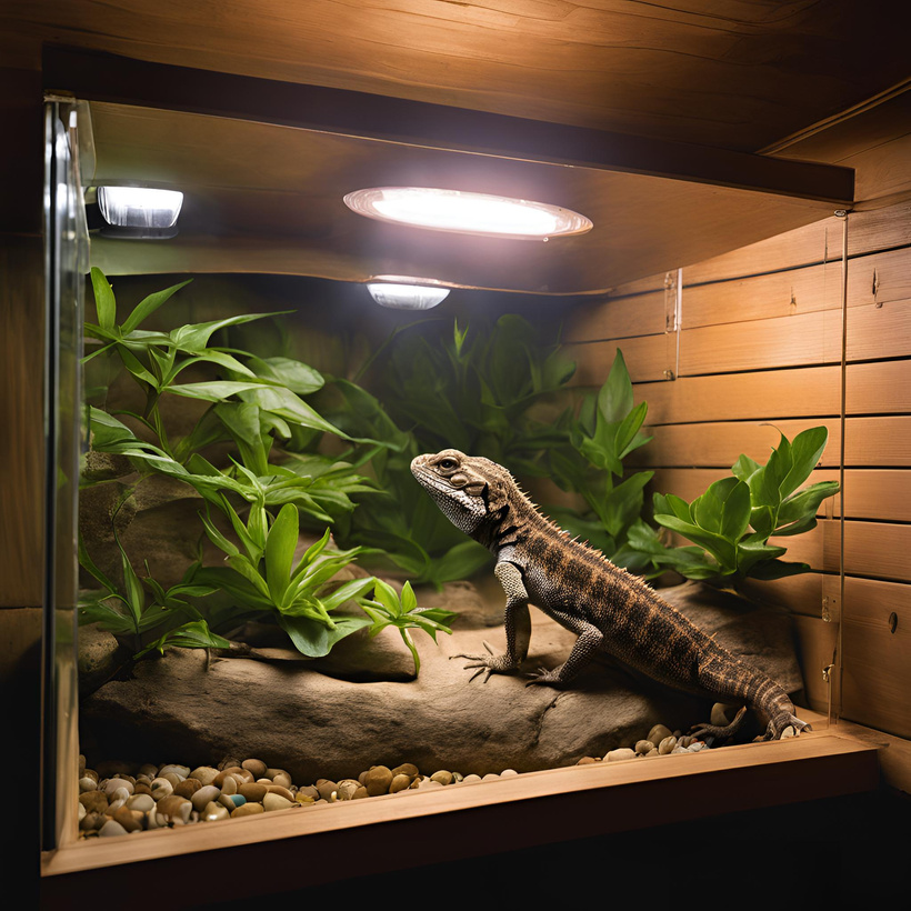 A well-decorated lizard enclosure with proper lighting, plants, and hiding spots.
