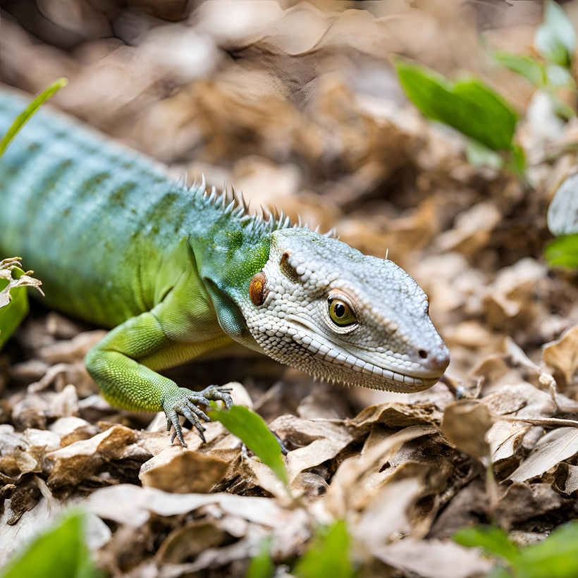 A pet lizard enjoying a meal of insects and leafy greens.
