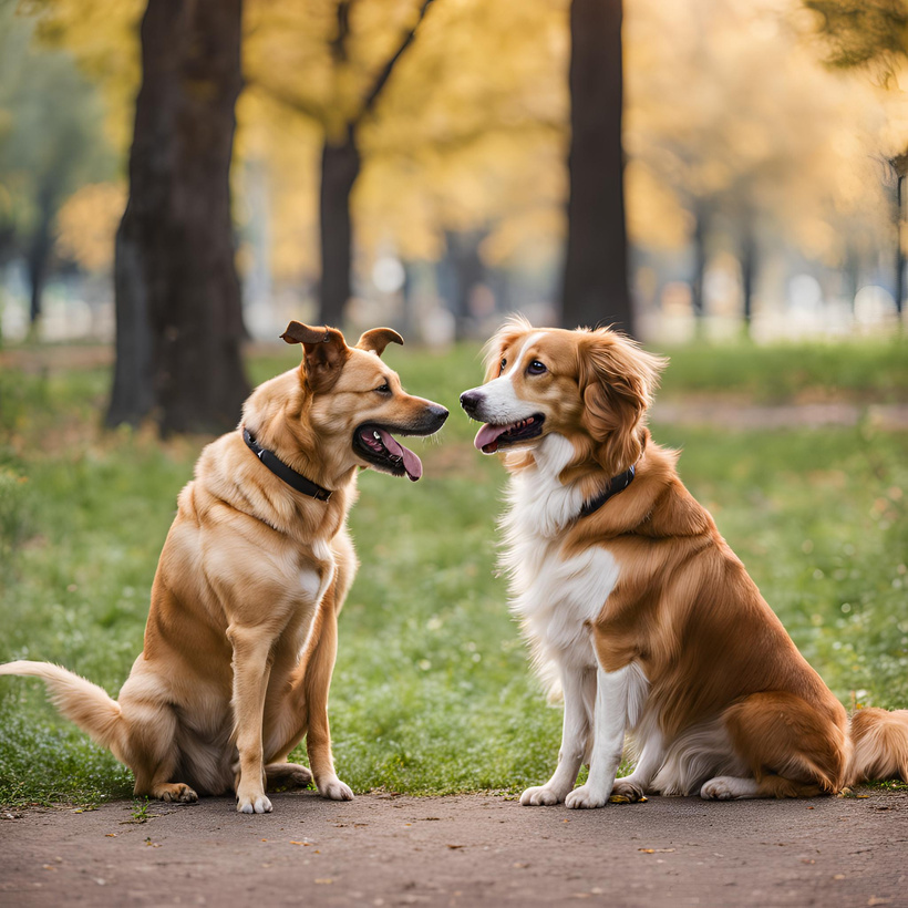 Two tired but happy dogs resting together.