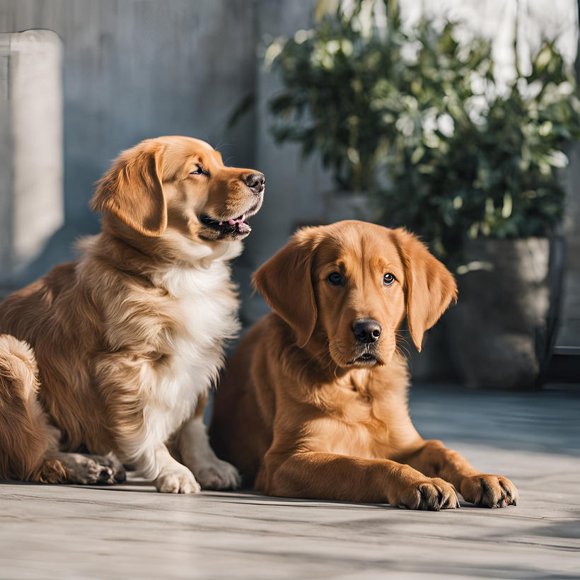  A playful puppy next to a calmer older dog.