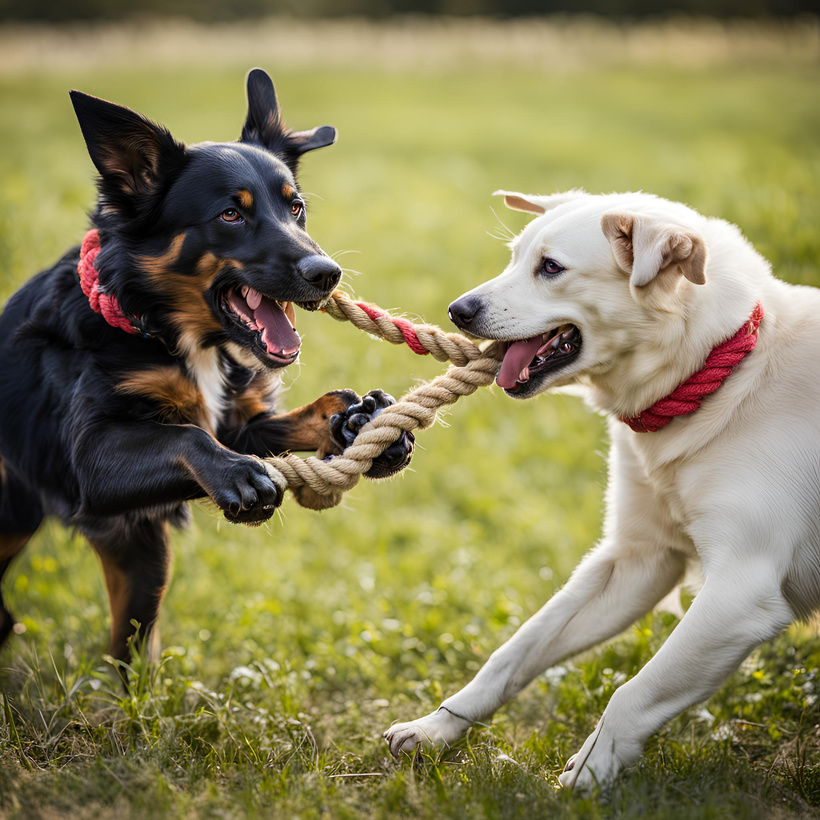 Two dogs playing tug of war with a rope