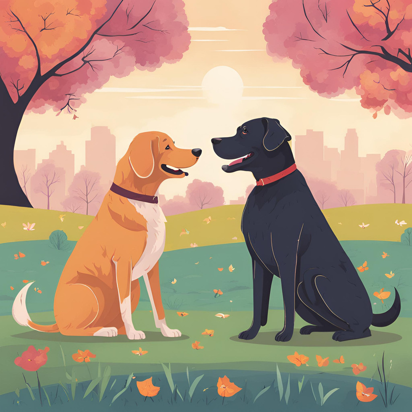 Two dogs looking at each other in an autumn park