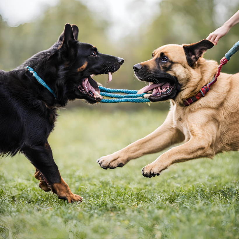 A photo of dogs interacting during a walk.