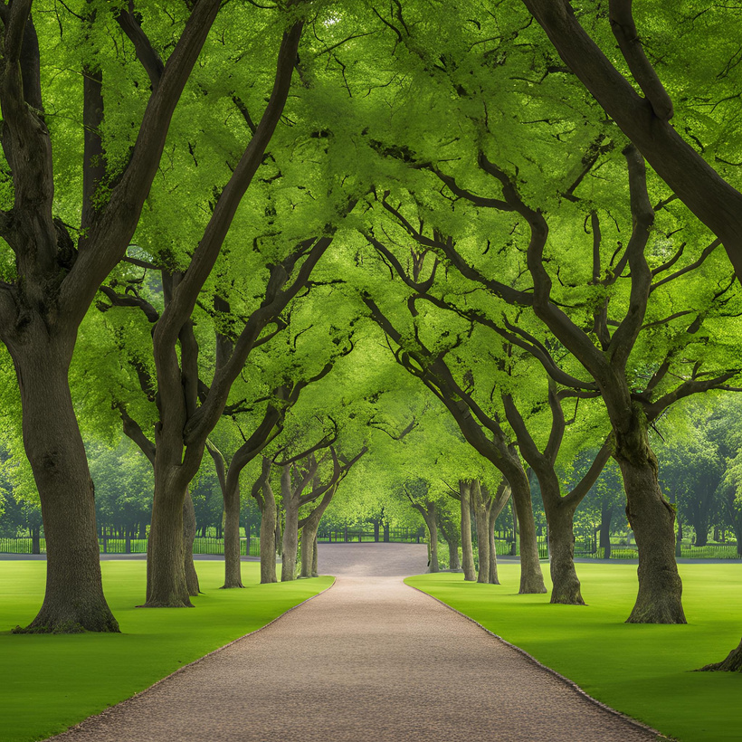 a pathway lined with green trees in a park