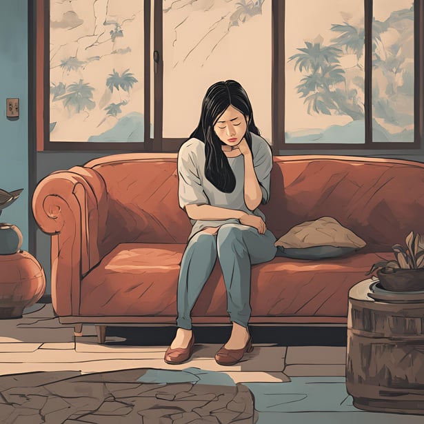 an illustration of a woman sitting on a couch in front of a window feeling sad