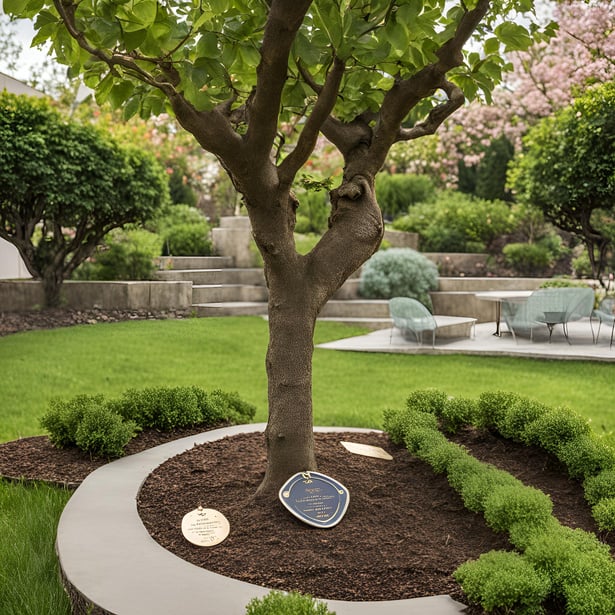 Memorial garden with colorful flowers and a stone dedicated to a beloved pet.
