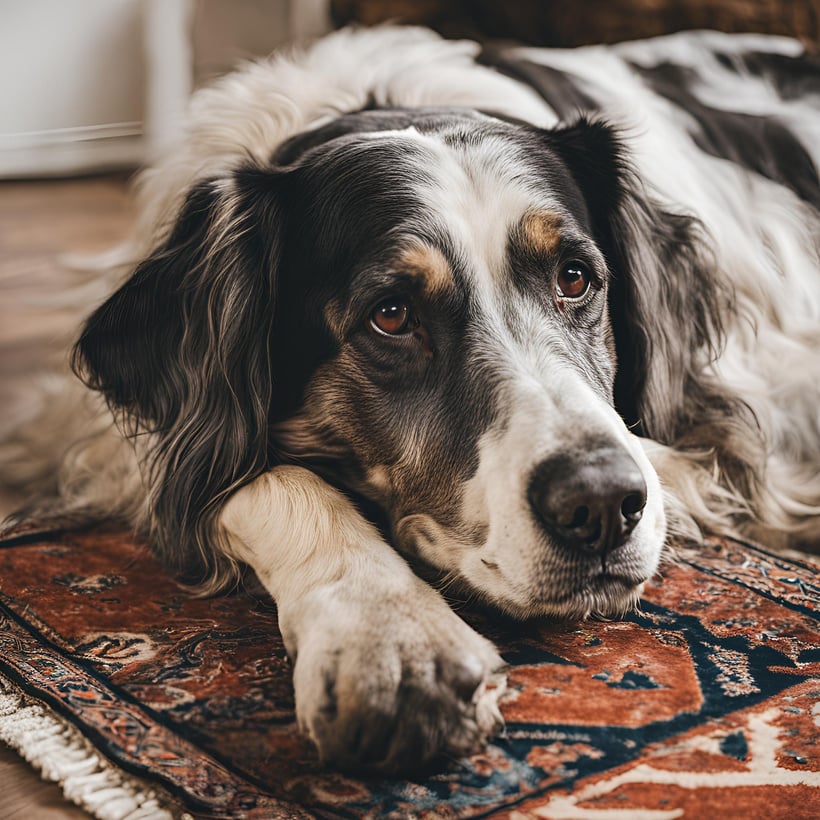 A close up of a senior dog laying on a rug