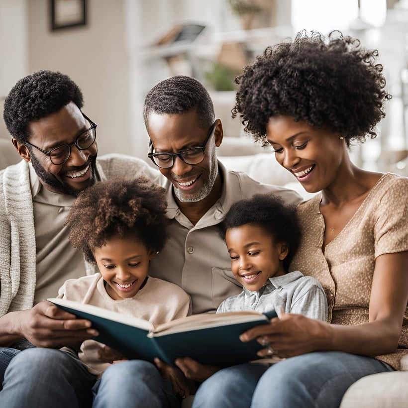 Family looking at a photo album filled with pictures of their pet.
