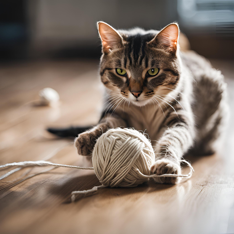 A cat engaged with a ball of yarn, being distracted from the sounds of fireworks