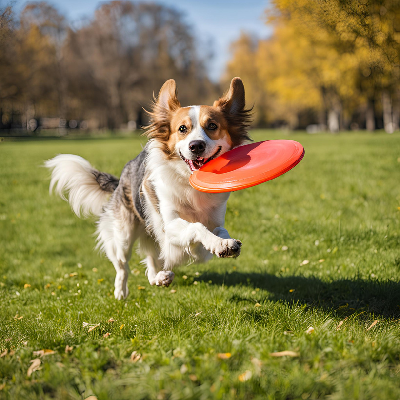 A dog happily playing fetch in a park, getting exercise before the fireworks