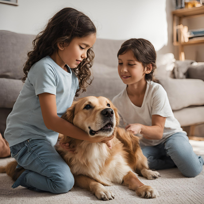 Two little girls snuggling their dog to keep calm during fireworks