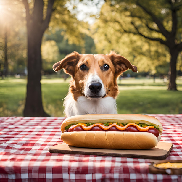 A dog sitting at a picnic table with a hot dog on it