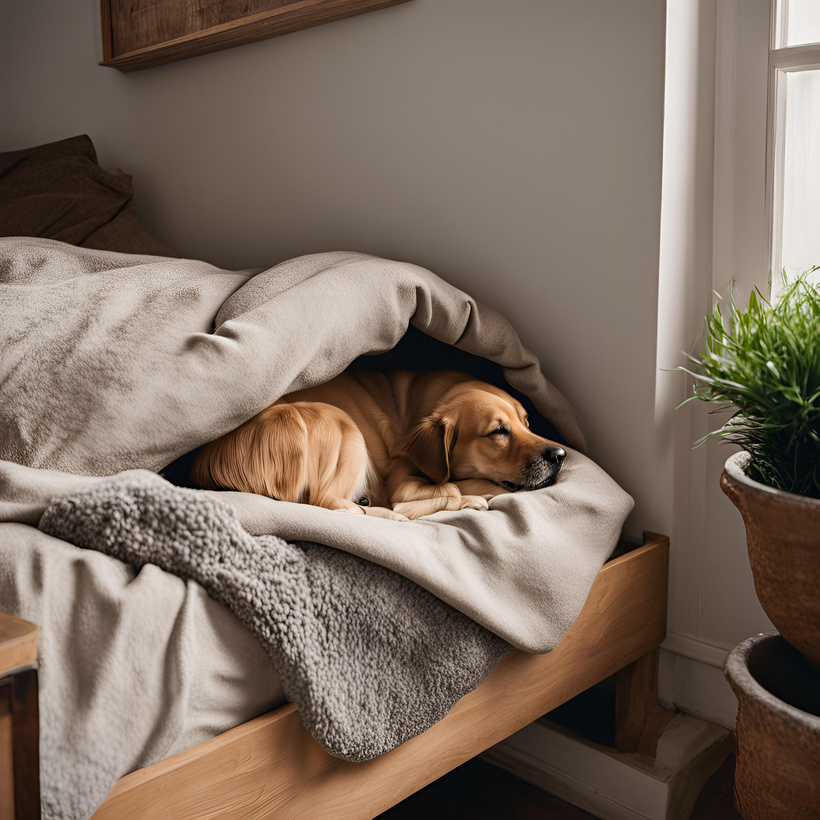 A dog resting comfortably in a cozy bed in a designated safe space