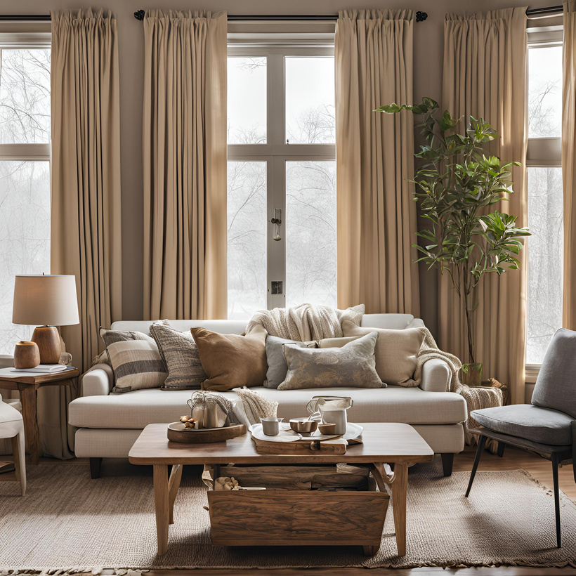 A calm living room with curtains drawn to keep pets safe during fireworks