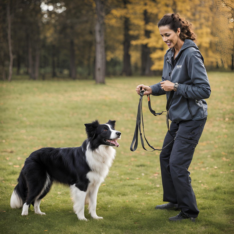 Dog trainer teaching a Border Collie to follow commands.

