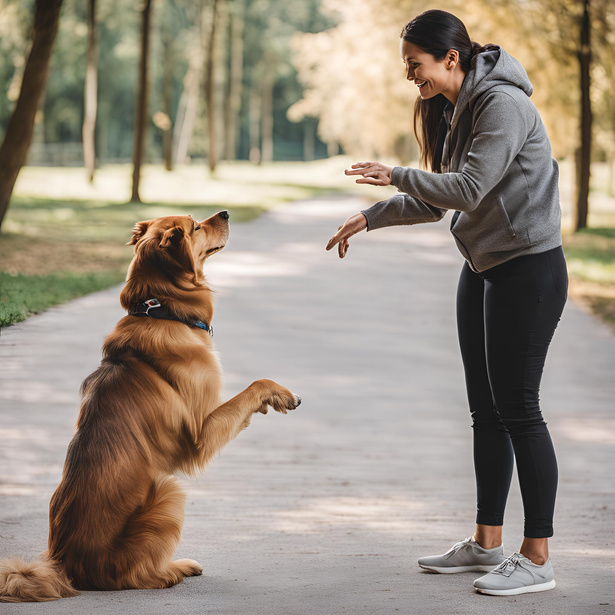 Dog trainer rewarding a dog with a treat during a training session.
