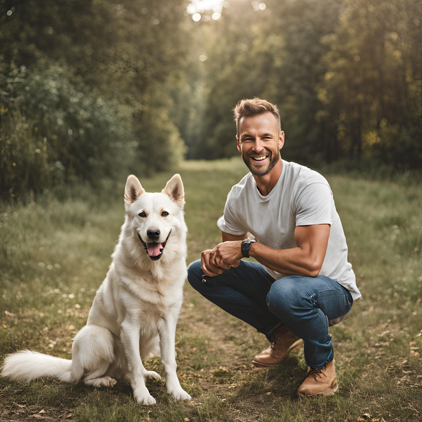 Dog owner smiling with their well-behaved dog sitting beside them.
