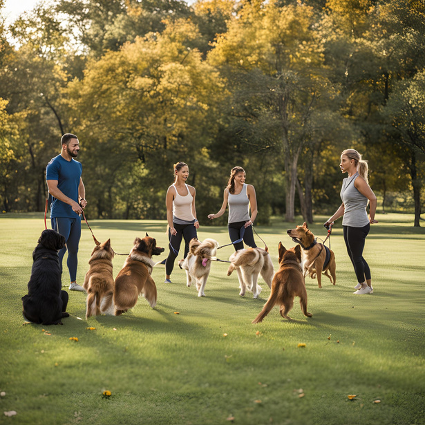 Dogs and their owners participating in a group training session